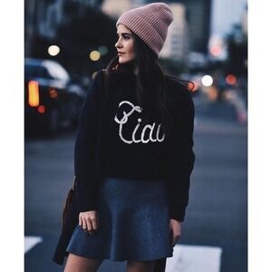 WILDFOX Couture Dinner Party Ciao Bella Black White Embroidered Sweater Small